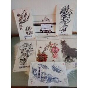 7 Temporary Tattoos Lot Cross Skull Feathers Crow Flowers Snake Roses NIP